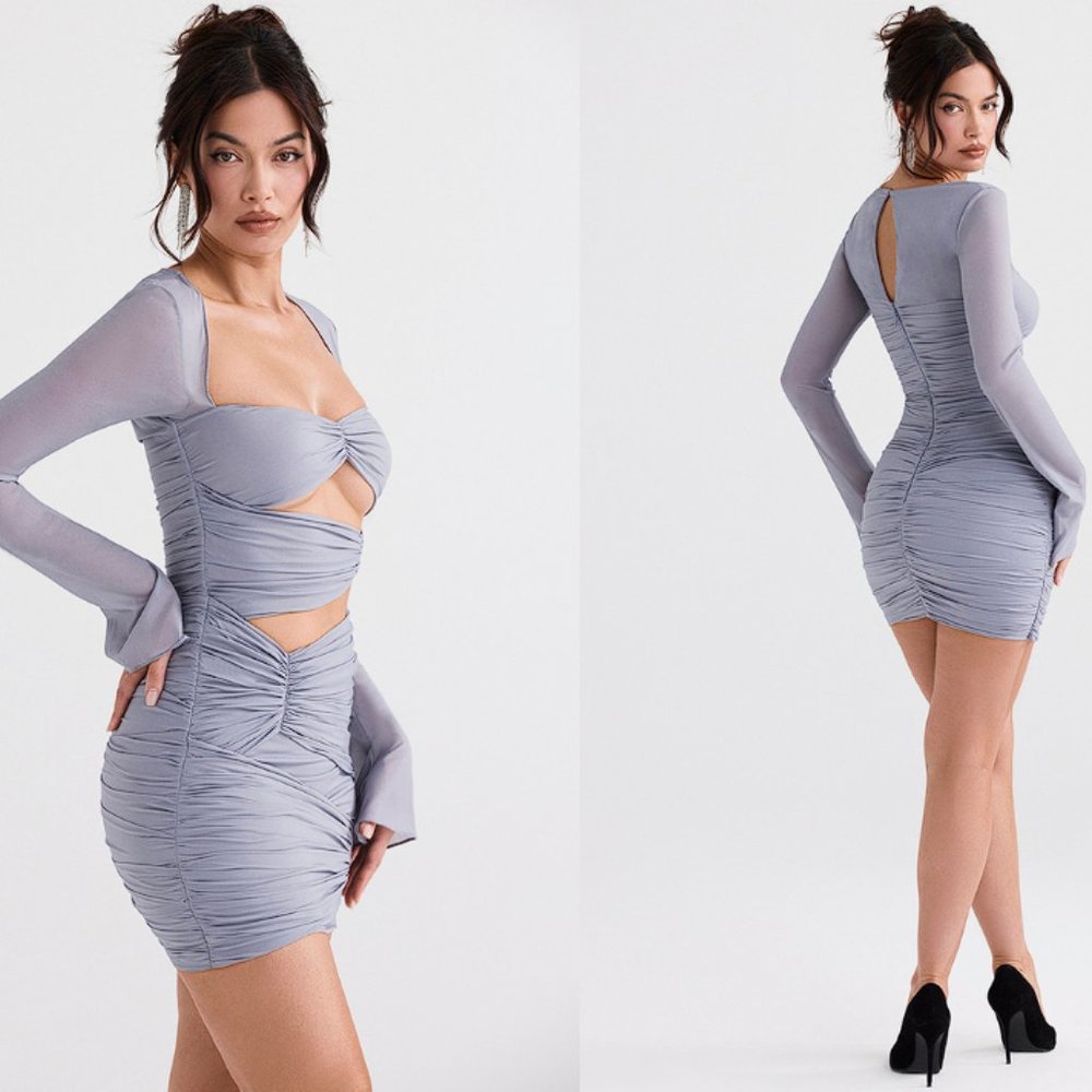 House of CB ‘Camille’ Dove Grey Real Silk Mini Dress NWT - Picture 5 of 10